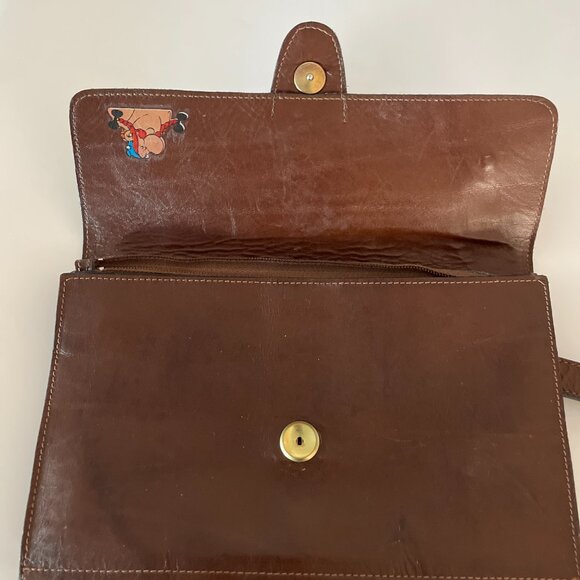 Vintage Brown Leather Clutch Hand Bag Purse Wrist Strap Unisex Made in France - Picture 3 of 6